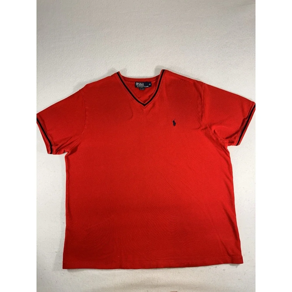 Polo Ralph Lauren Men's Red V-Neck Polo Pony Logo Cotton Knit T-Shirt XL